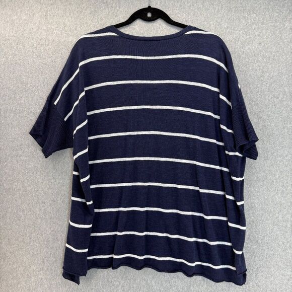 Eileen Fisher Womens Large Navy White Striped V-Neck Organic Linen Cotton Blouse - Picture 5 of 11